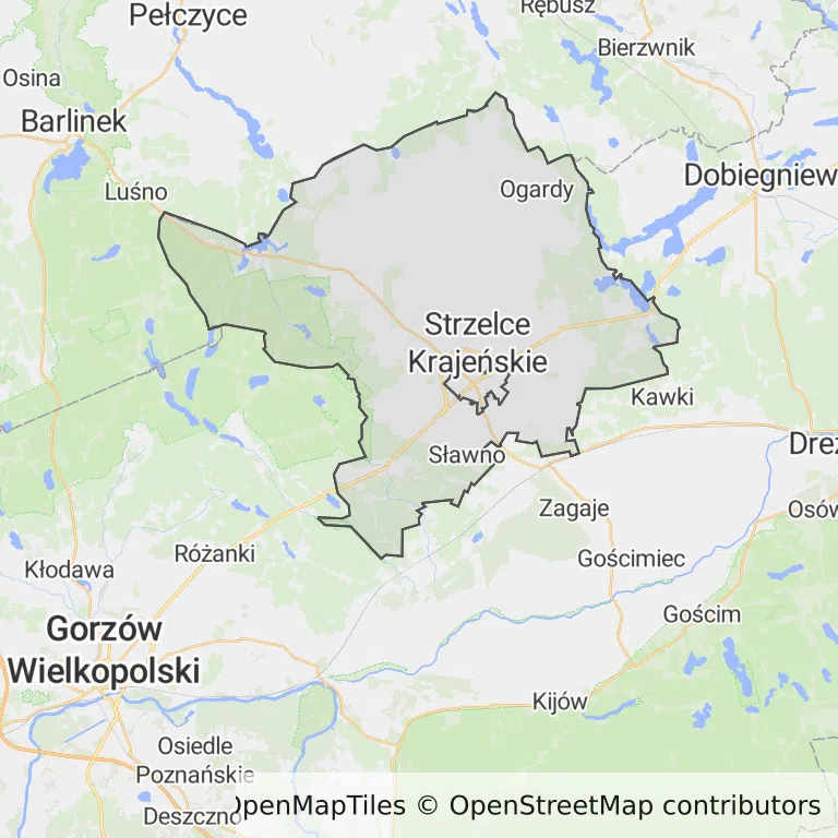 Mapa z zaznaczonym Strzelcach Krajeńskich