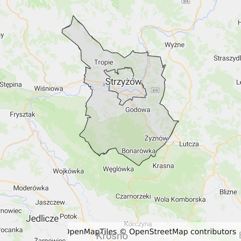 Mapa z zaznaczonym Strzyżowem