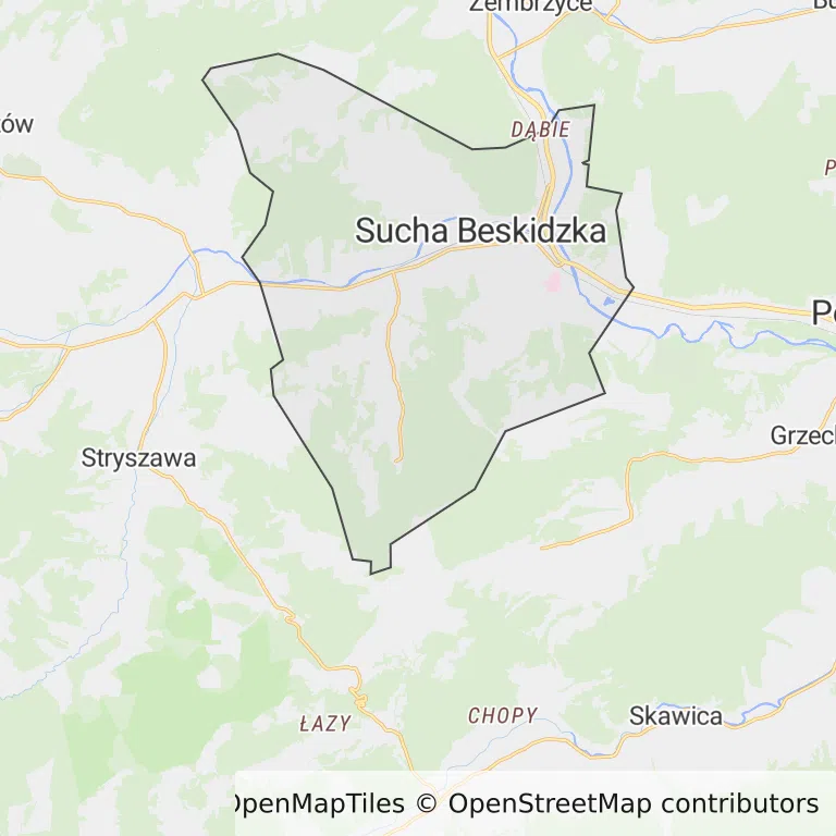 Mapa z zaznaczoną Suchej Beskidzkiej