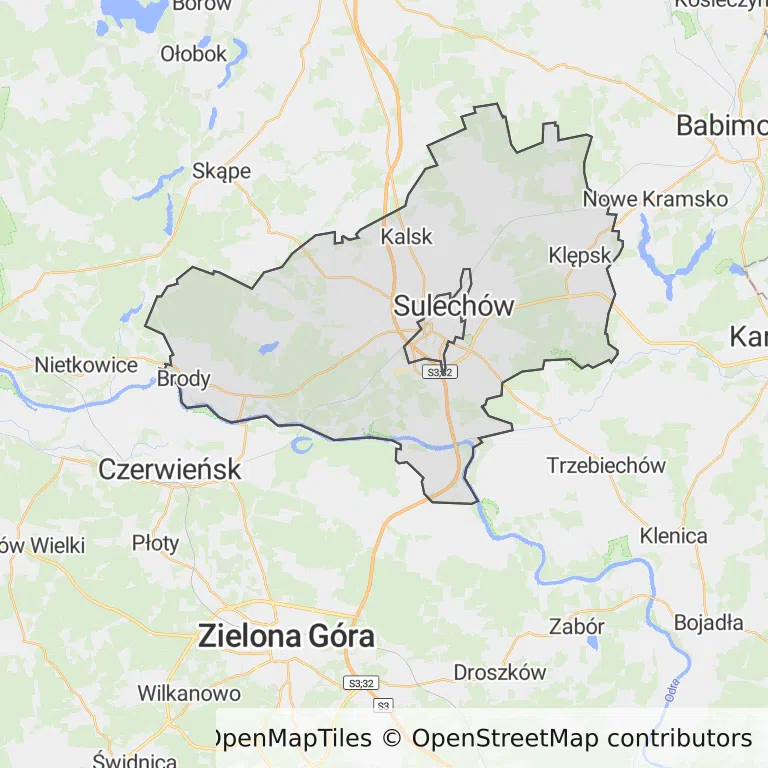 Mapa z zaznaczonym Sulechowem
