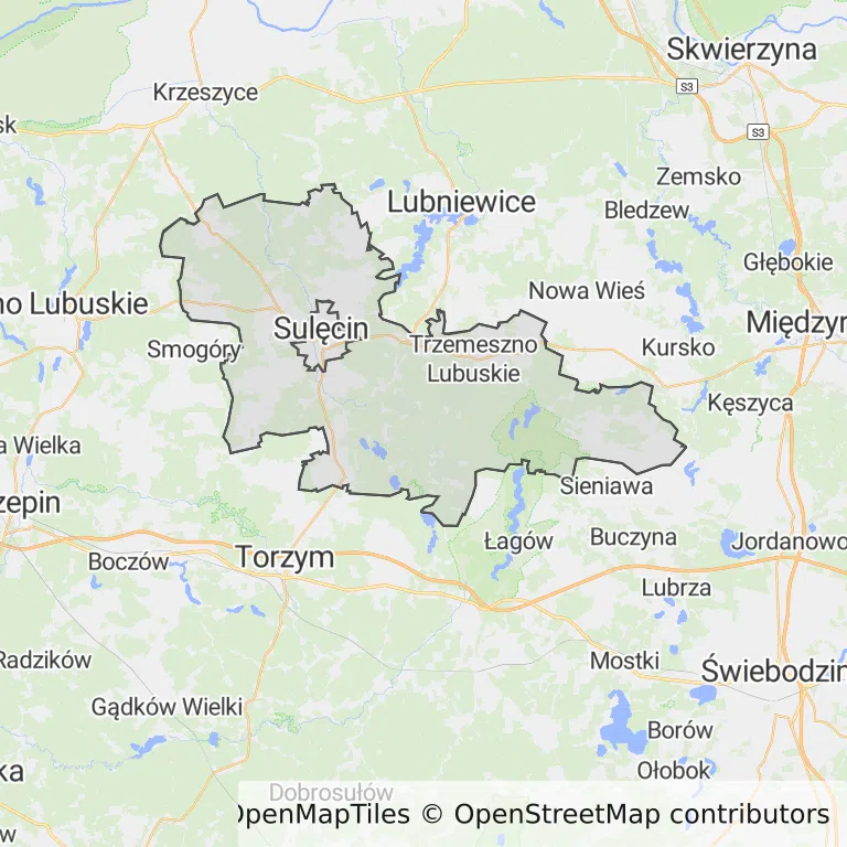 Mapa z zaznaczonym Sulęcinem