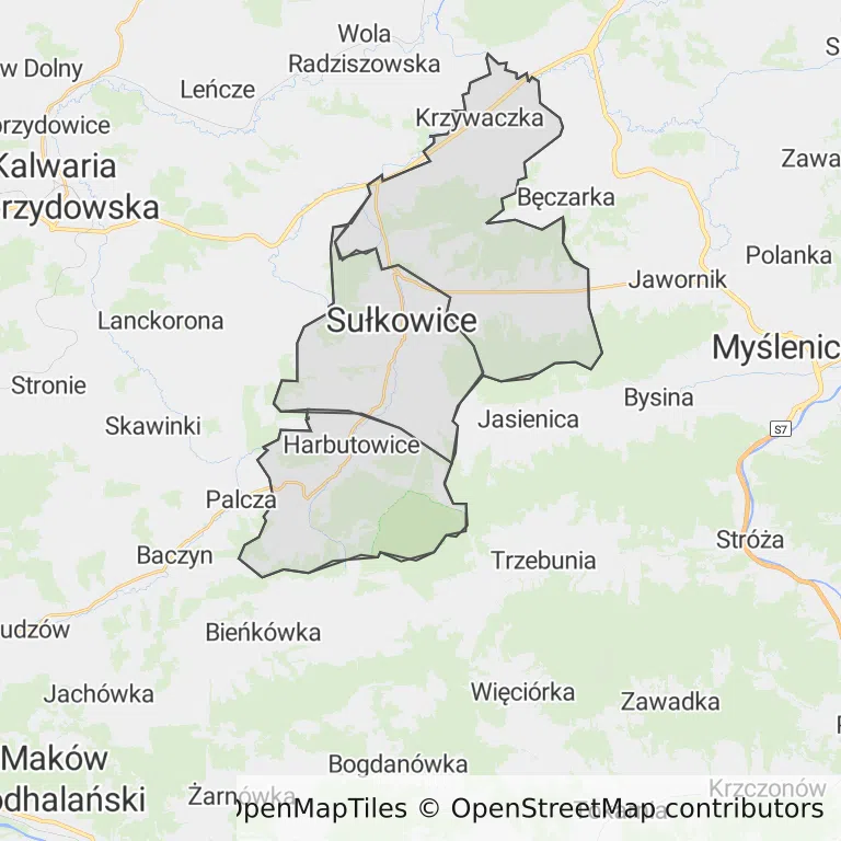 Mapa z zaznaczonymi Sułkowicami
