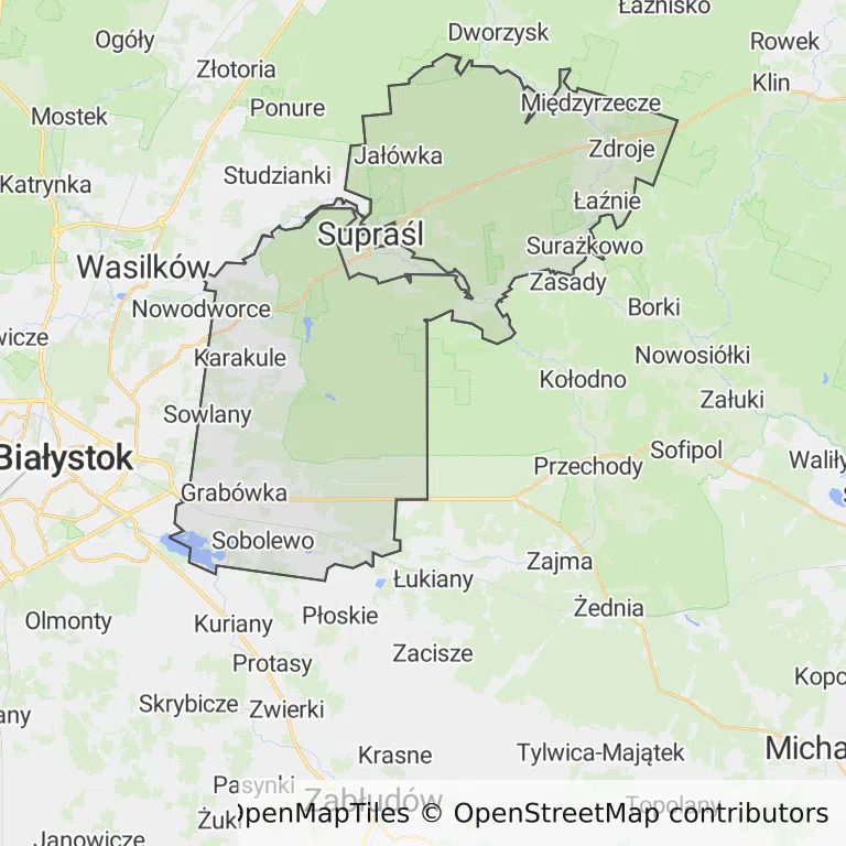 Mapa z zaznaczonym Supraślu