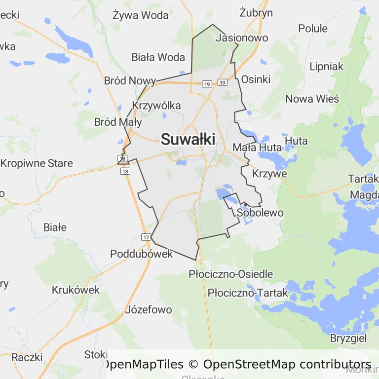 Mapa z zaznaczonym Suwałkami