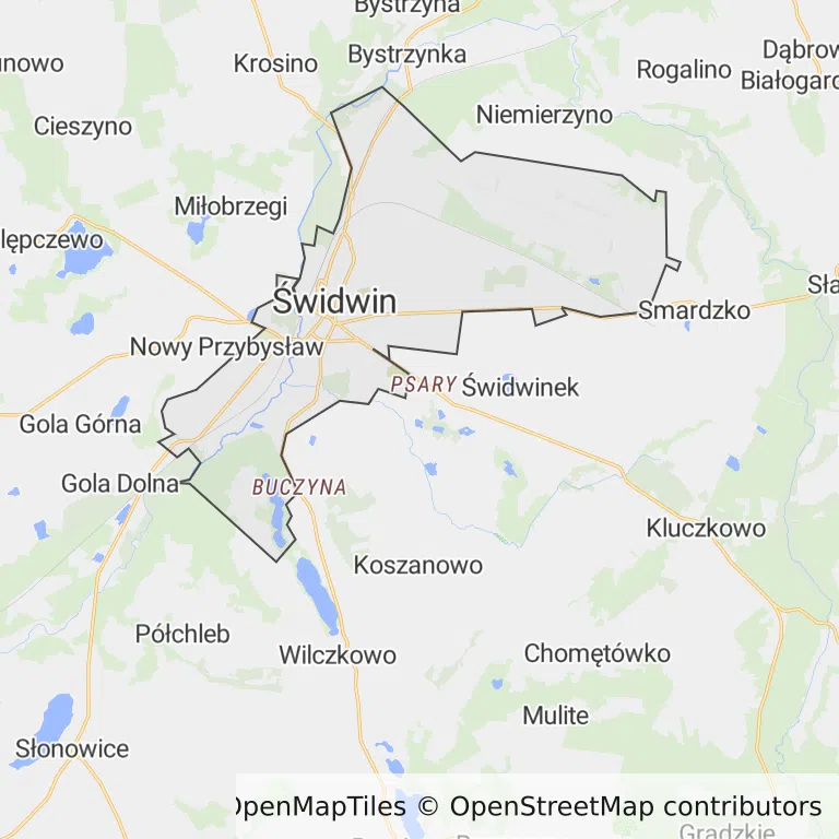 Mapa z zaznaczonym Świdwinem