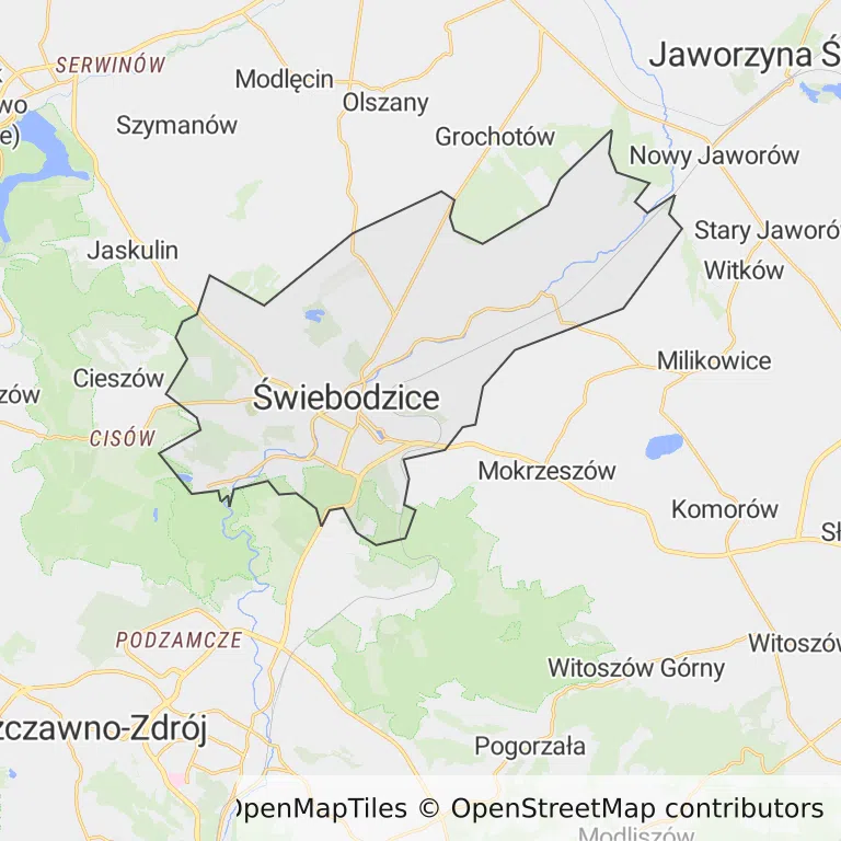 Mapa z zaznaczonymi Świebodzicami