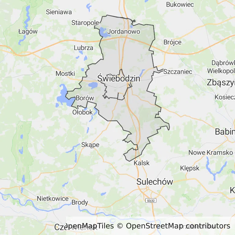 Mapa z zaznaczonym Świebodzinem
