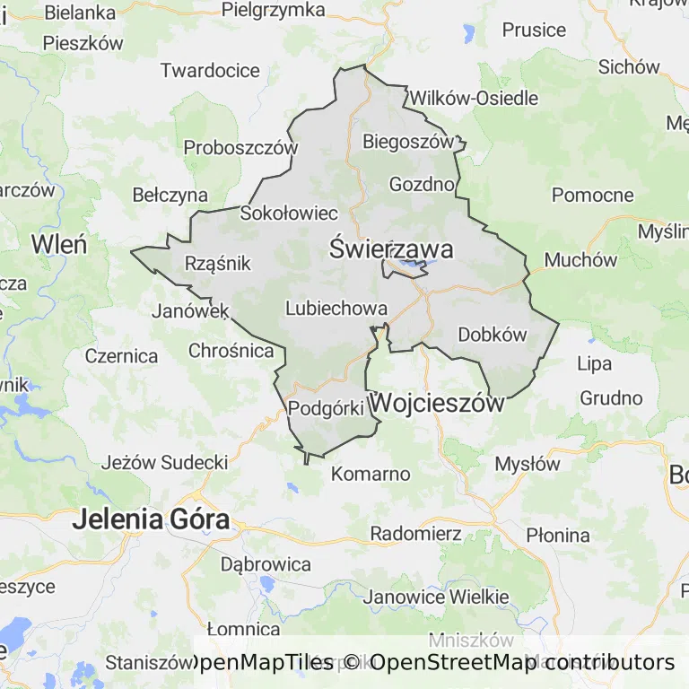 Mapa z zaznaczoną Świerzawem