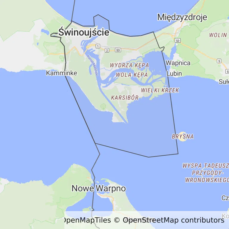 Mapa z zaznaczonym Świnoujściu