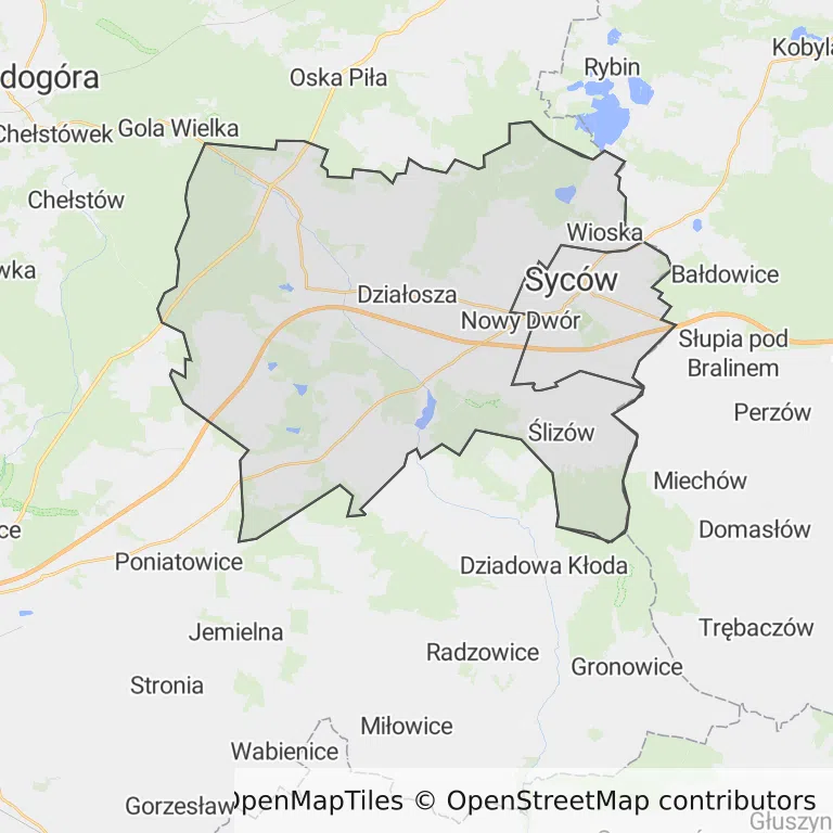 Mapa z zaznaczonym Sycowem