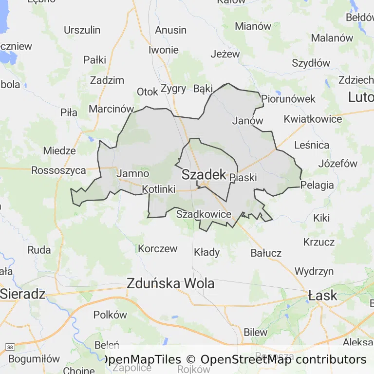 Mapa z zaznaczonym Szadkiem