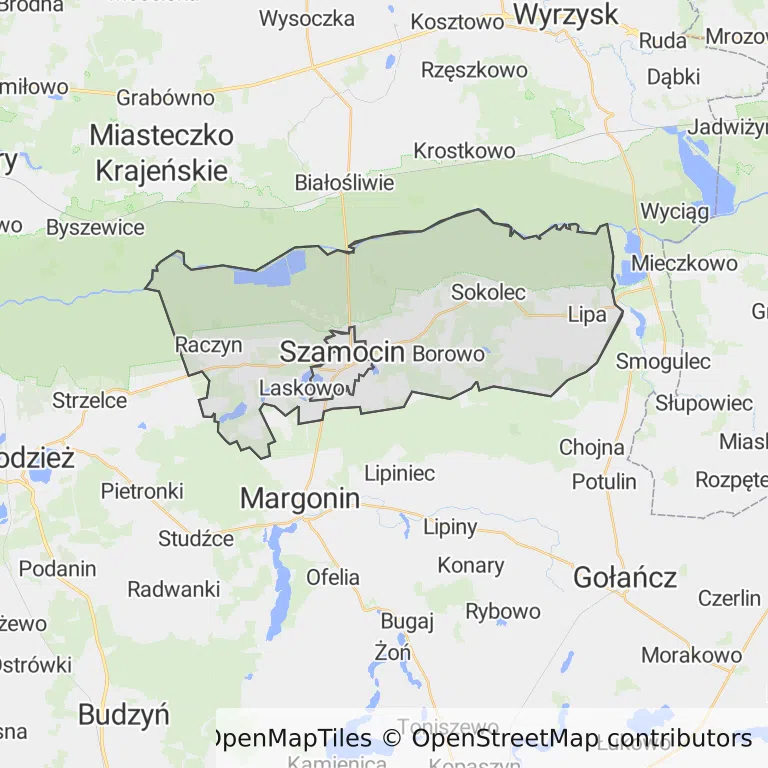 Mapa z zaznaczonym Szamocinem