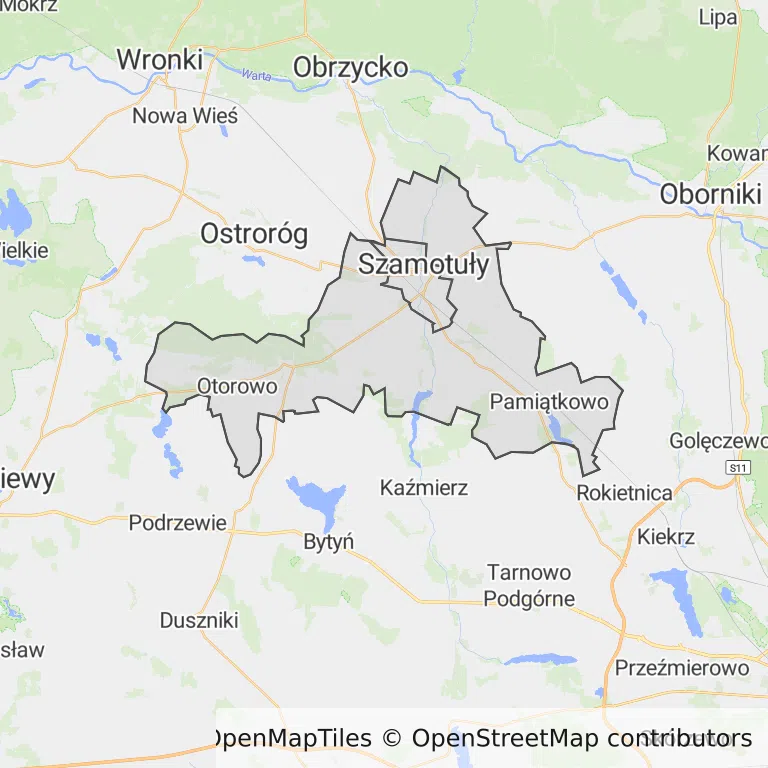 Mapa z zaznaczonym Szamotułami