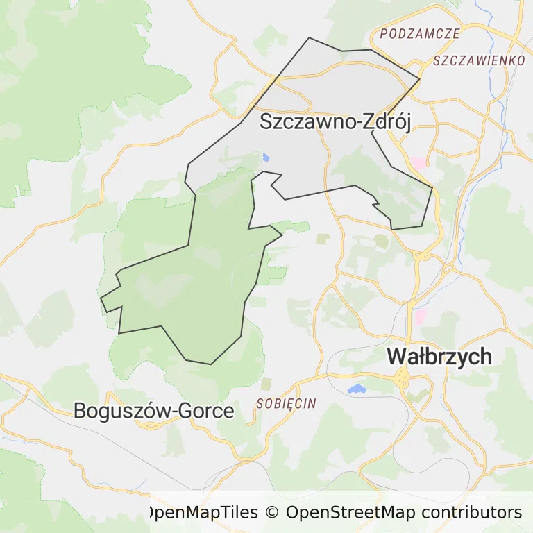 Mapa z zaznaczonym Szczawnie-Zdroju