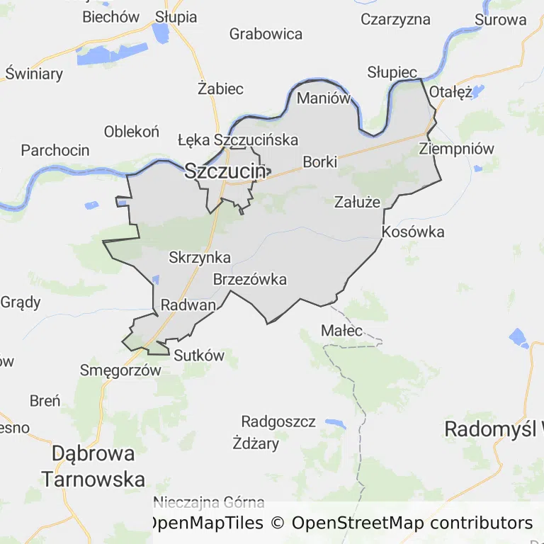 Mapa z zaznaczonym Szczucinem