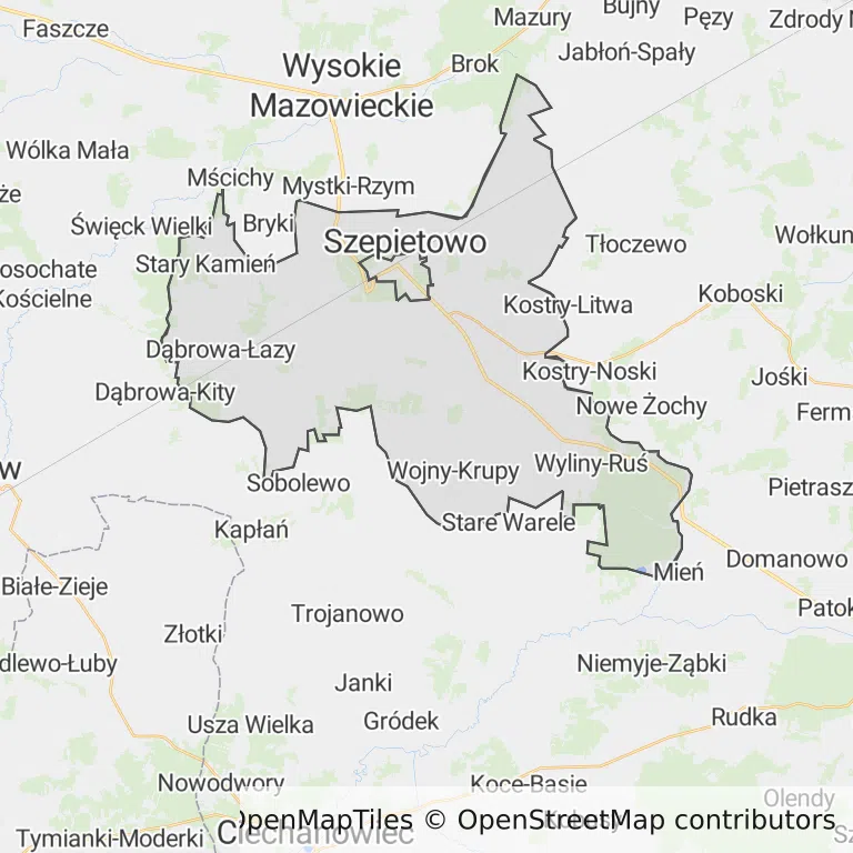 Mapa z zaznaczonym Szepietowem