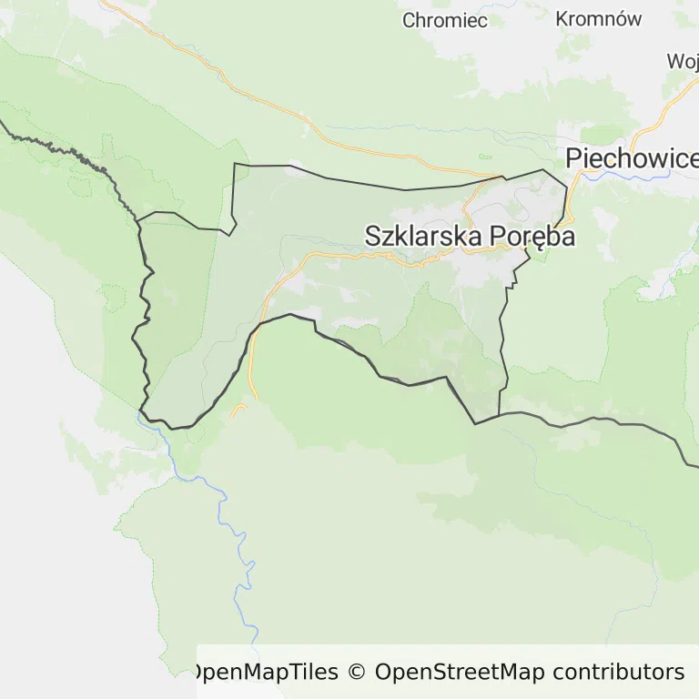 Mapa z zaznaczoną Szklarskiej Porębem
