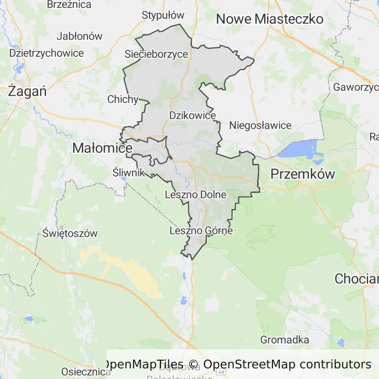 Mapa z zaznaczoną Szprotawem