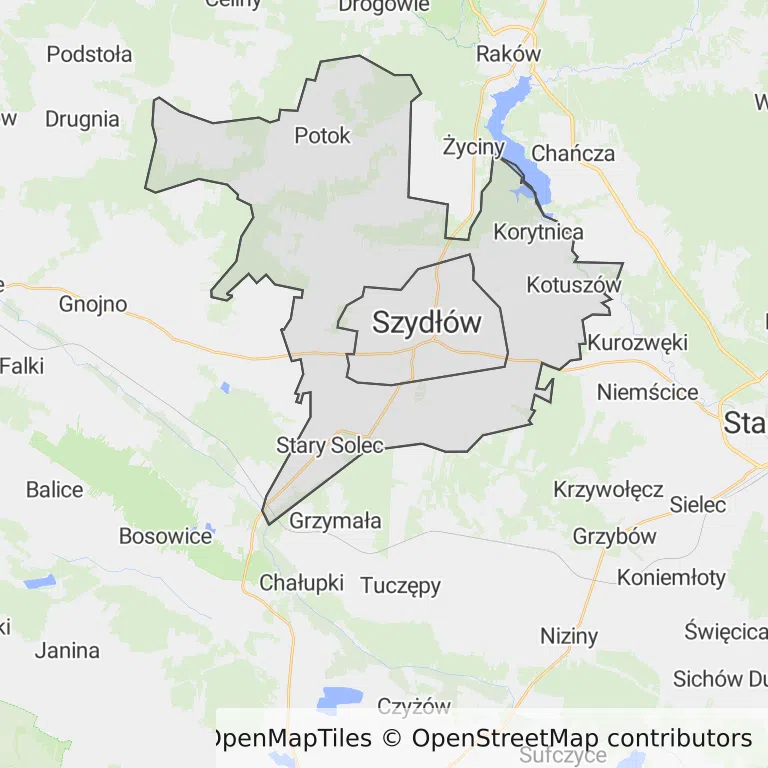 Mapa z zaznaczonym Szydłowem