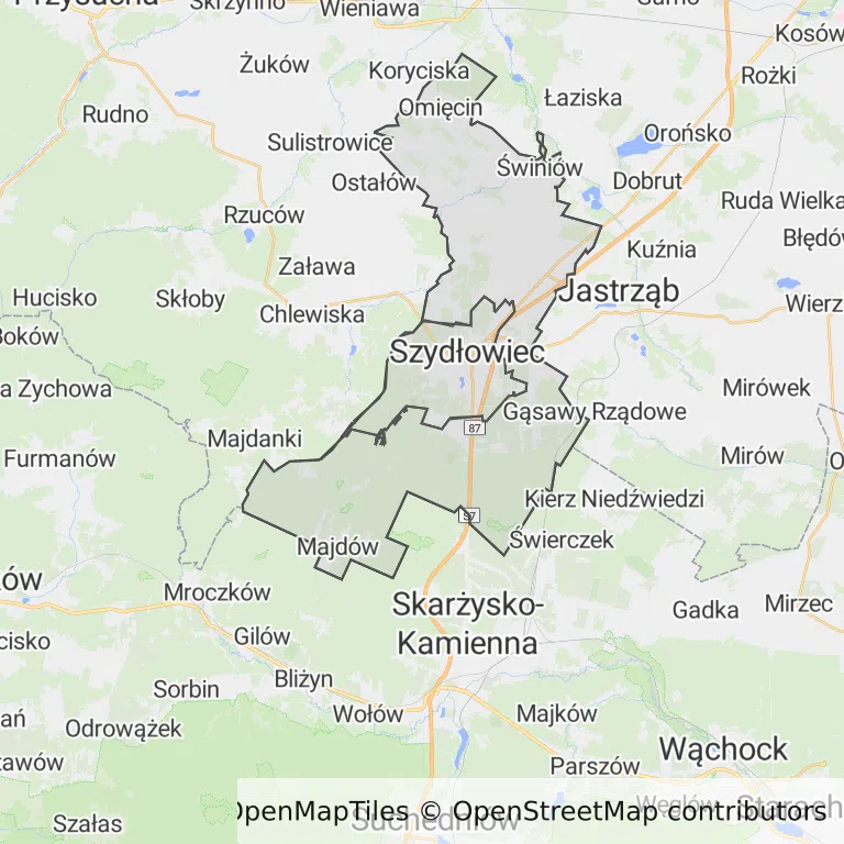 Mapa z zaznaczonym Szydłowcu