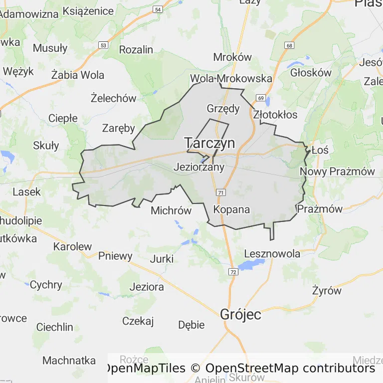 Mapa z zaznaczonym Tarczynem