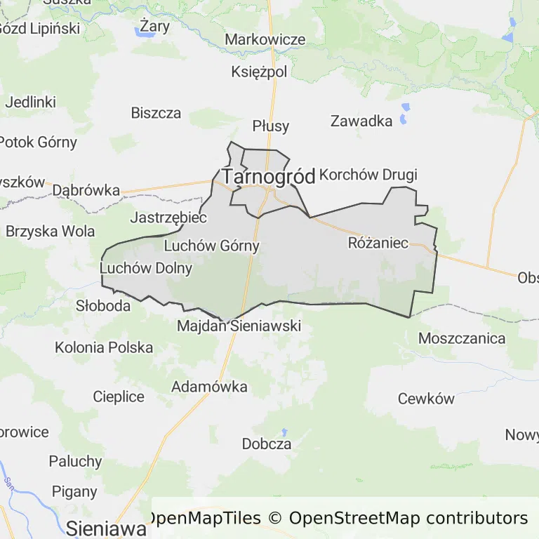 Mapa z zaznaczonym Tarnogrodzem