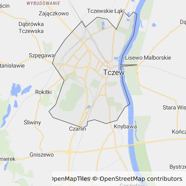 Mapa z zaznaczonym Tczewem