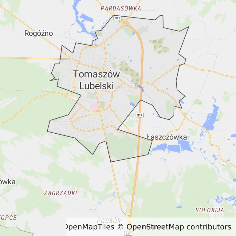 Mapa z zaznaczonym Tomaszowie Lubelskim