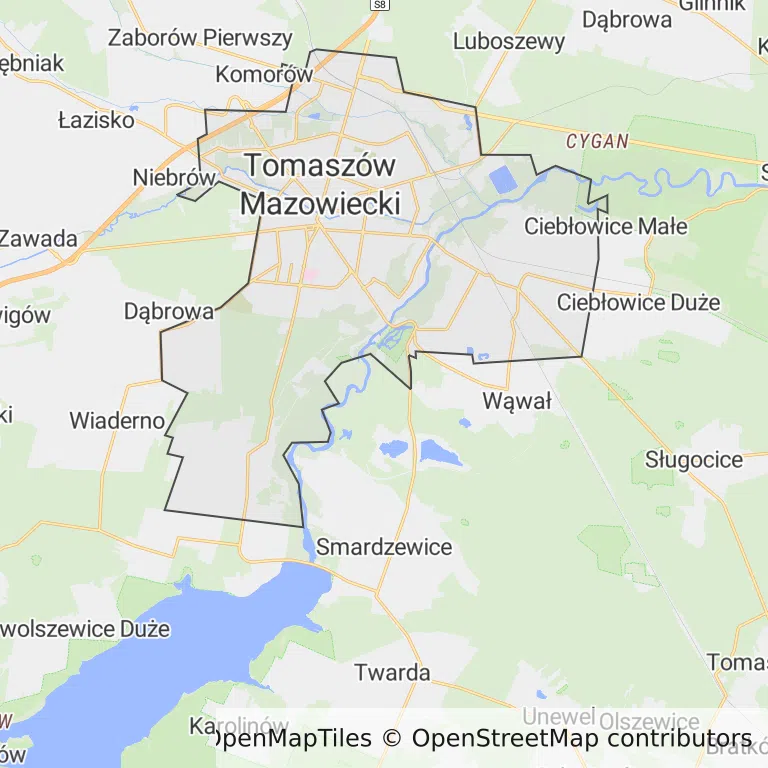 Mapa z zaznaczonym Tomaszowie Mazowieckim