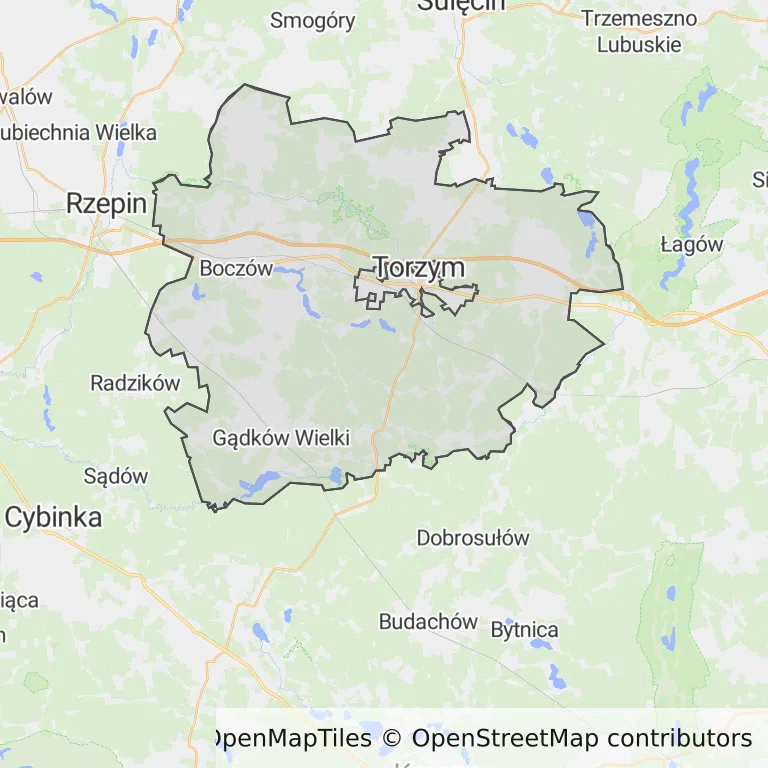 Mapa z zaznaczonym Torzymiu