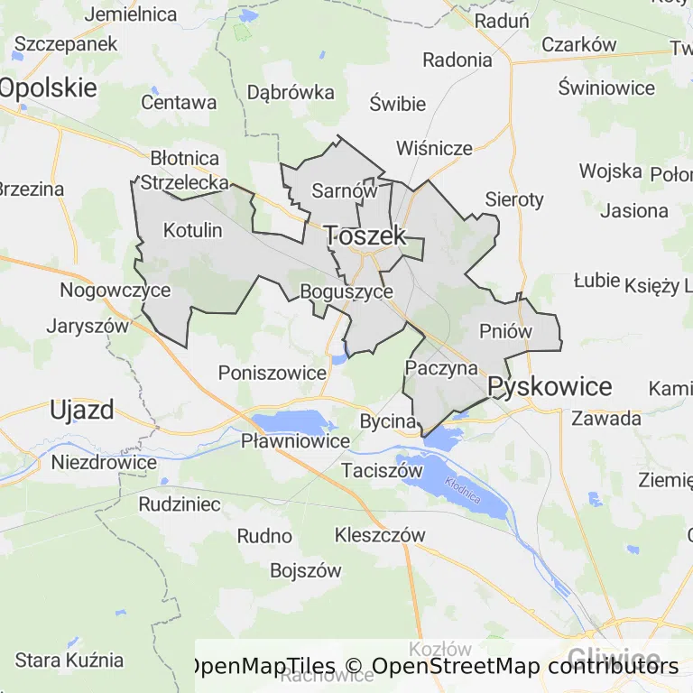 Mapa z zaznaczonym Toszkiem