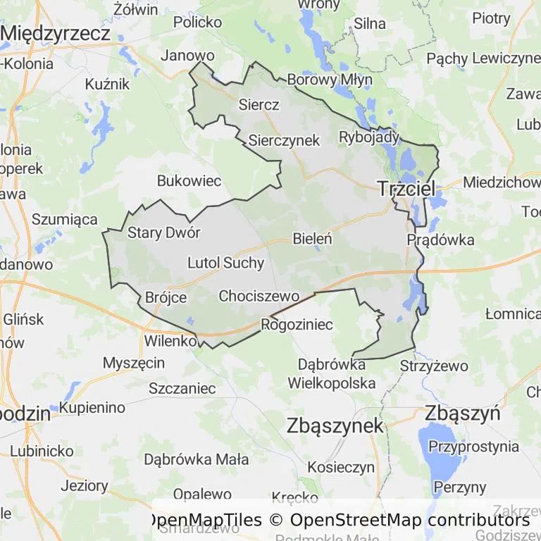 Mapa z zaznaczonym Trzcielu