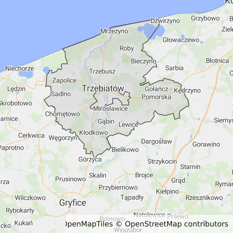 Mapa z zaznaczonym Trzebiatowem