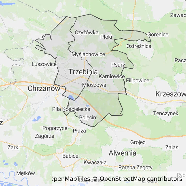 Mapa z zaznaczoną Trzebini