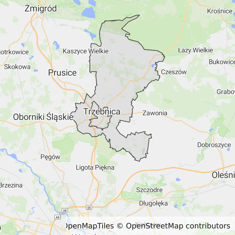 Mapa z zaznaczonym Trzebnicy