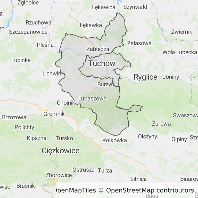 Mapa z zaznaczonym Tuchowem