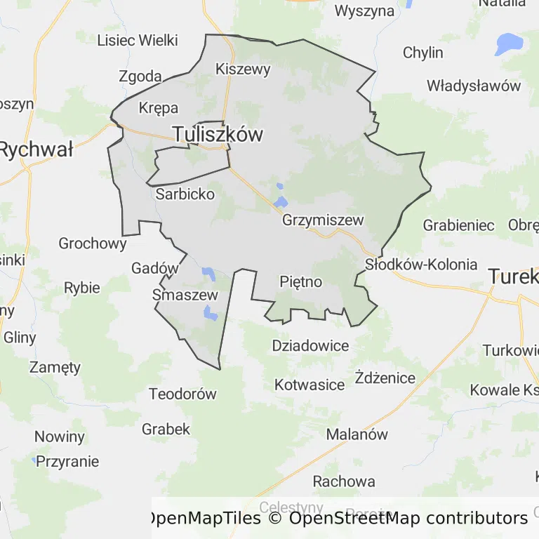Mapa z zaznaczonym Tuliszkowem