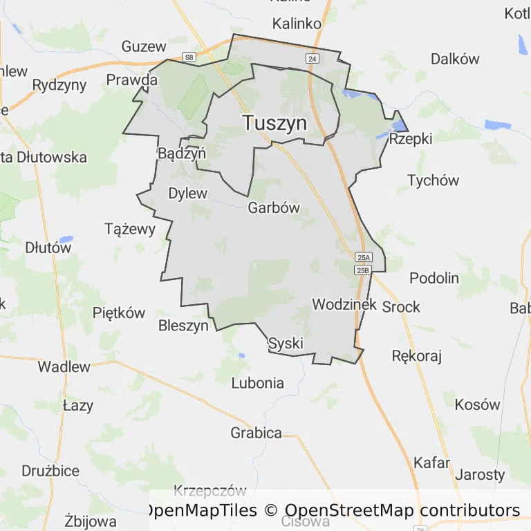Mapa z zaznaczonym Tuszynem