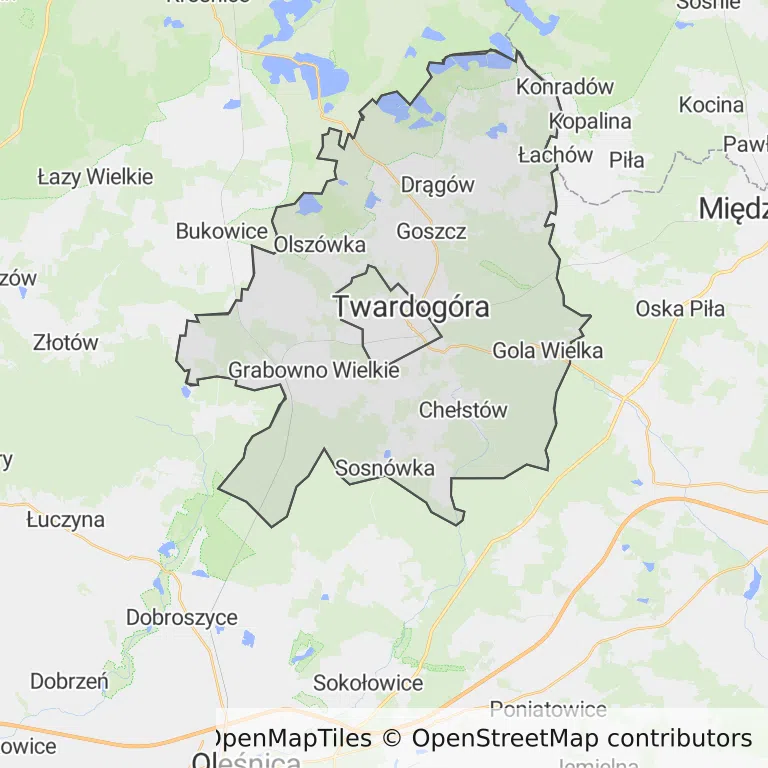 Mapa z zaznaczoną Twardogórze