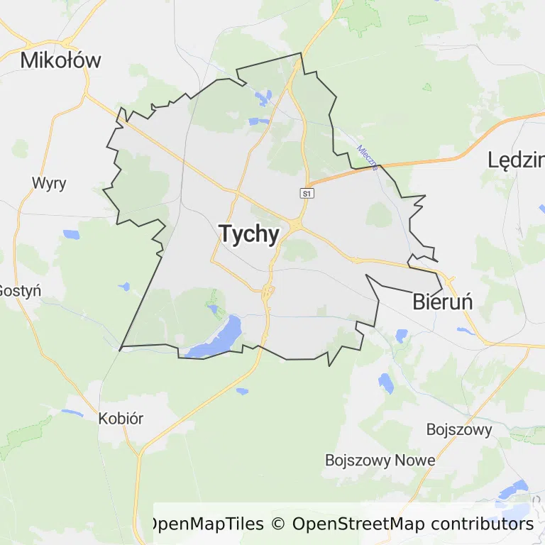Mapa z zaznaczonym Tychami