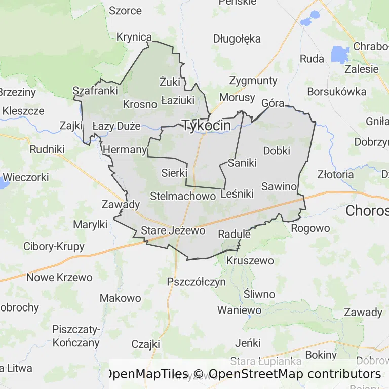 Mapa z zaznaczonym Tykocinem