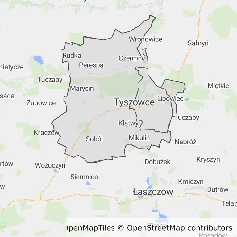 Mapa z zaznaczonymi Tyszowcami