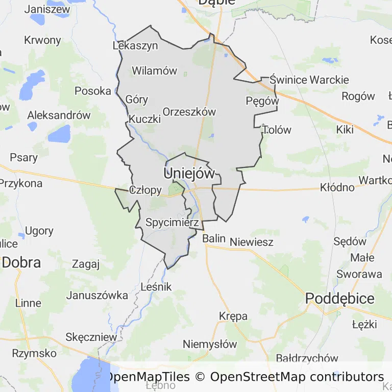 Mapa z zaznaczonym Uniejowem