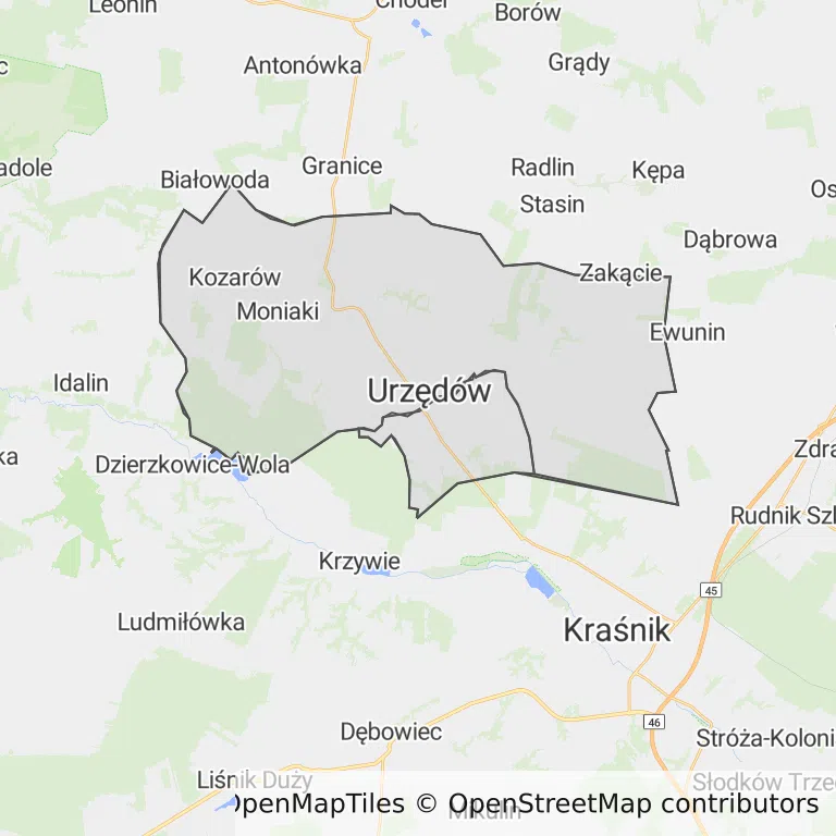 Mapa z zaznaczonym Urzędowem