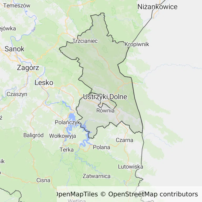 Mapa z zaznaczonym Ustrzykach Dolnych