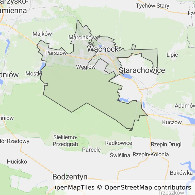 Mapa z zaznaczonym Wąchockiem
