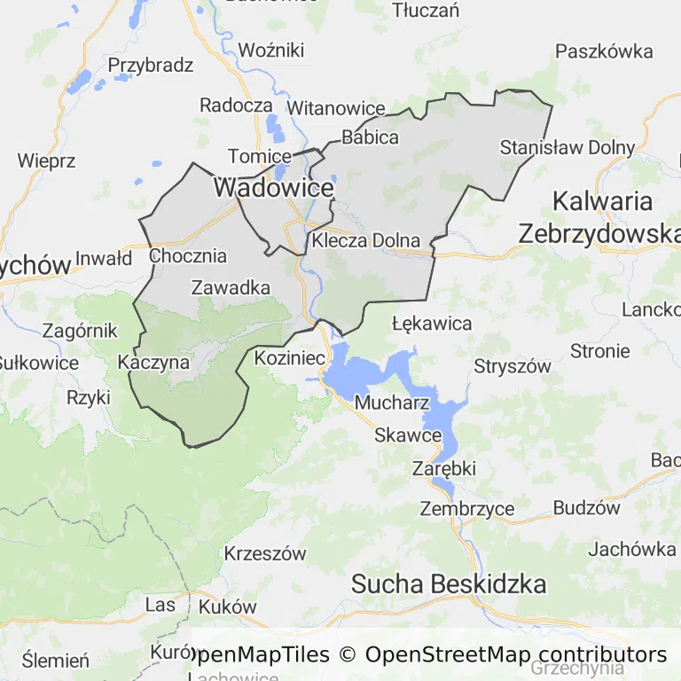 Mapa z zaznaczonymi Wadowicami