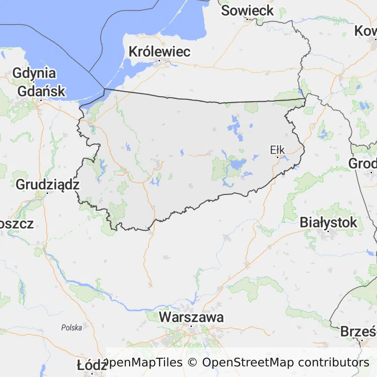 Mapa z zaznaczonym województwem warmińsko-mazurskim