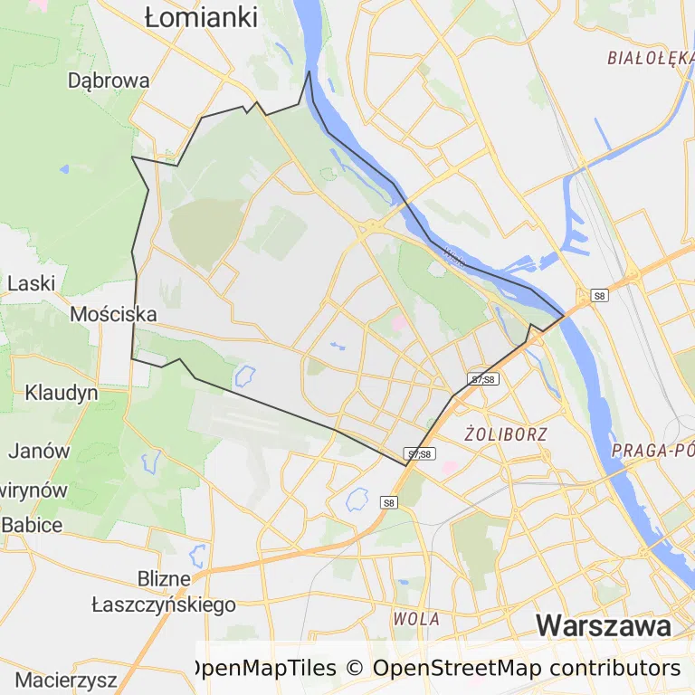 Mapa z zaznaczonymi Bielanami w Warszawie