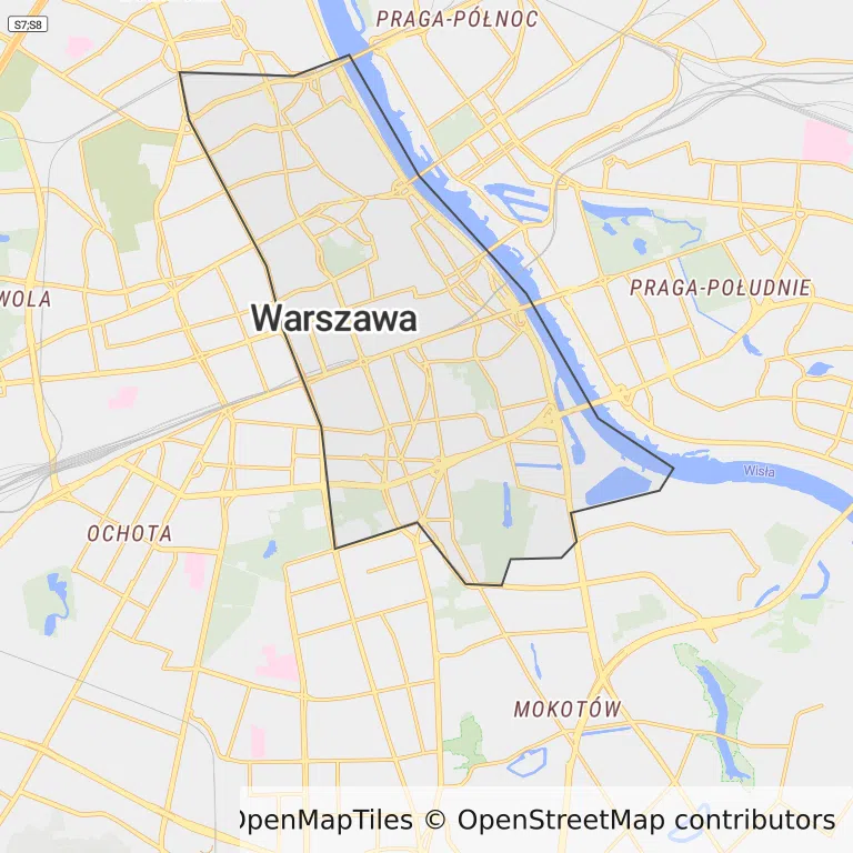 Mapa z zaznaczonym Śródmieściem w Warszawie